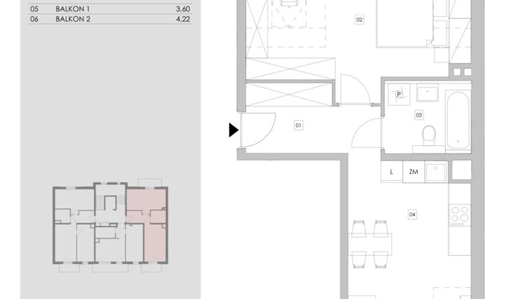 Rzut - Mieszkanie na sprzedaż 2 pokoje o powierzchni 44,35 m² - numer 90.3.09 w ATAL Bronowice