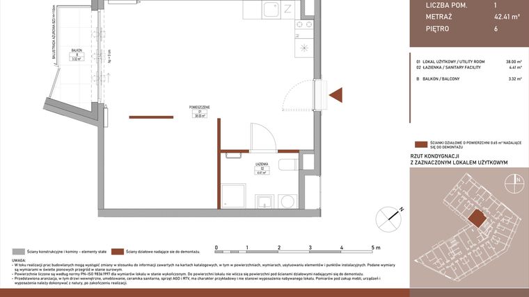 Rzut - Mieszkanie na sprzedaż 1 pokój o powierzchni 42,4 m² - numer B.7.96 w Żurawie - etap II