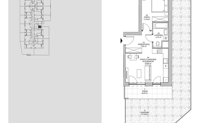 Rzut - Mieszkanie na sprzedaż 2 pokoje o powierzchni 43,02 m² - numer 1D.0.171 w Francuska Park VIIIB