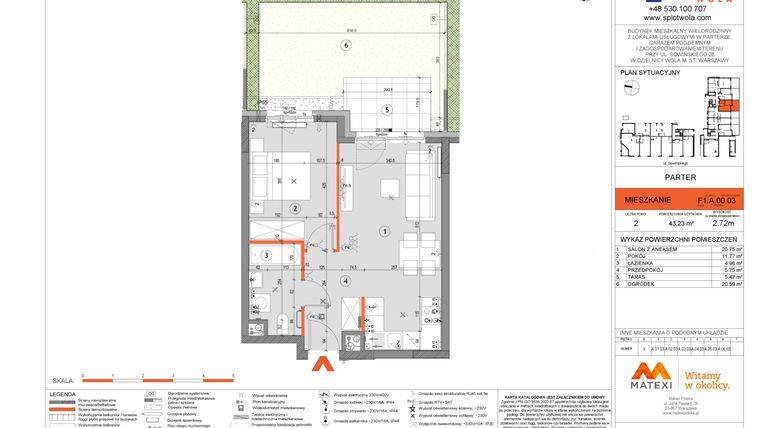 Rzut - Mieszkanie na sprzedaż 2 pokoje o powierzchni 43,23 m² - numer F1.A.00.03 w Splot Wola
