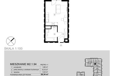 Rzut - Mieszkanie na sprzedaż 1 pokój o powierzchni 28,34 m² - numer M2.1.94 w Modern Helenów