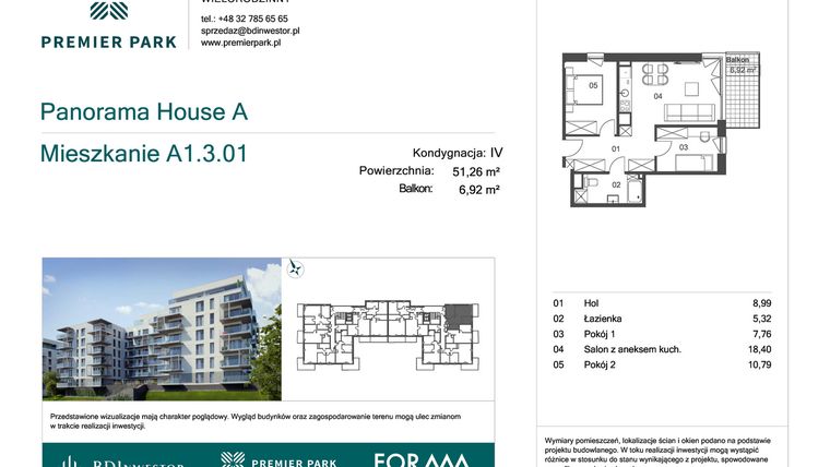 Rzut - Mieszkanie na sprzedaż 3 pokoje o powierzchni 51,26 m² - numer A1.3.01 w Premier Park II