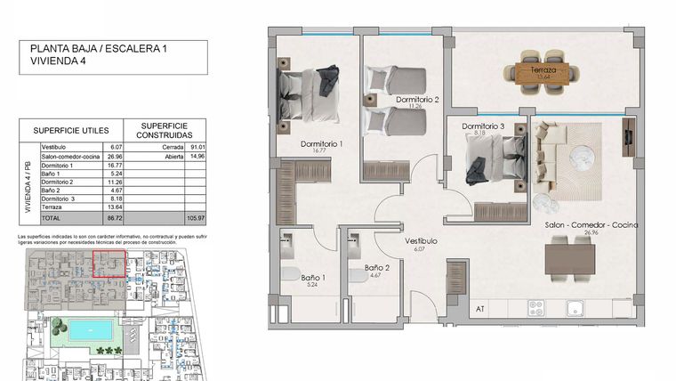 Rzut - Mieszkanie na sprzedaż 3 pokoje o powierzchni 105,97 m² - numer 0-4 w Apartamenty w Santa Pola - 92373724
