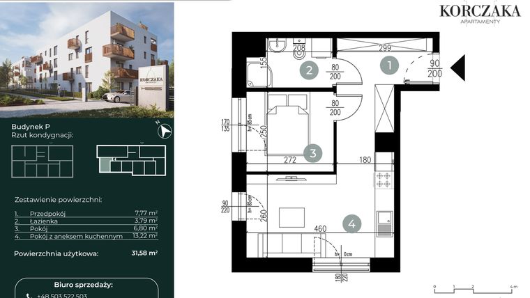 Rzut - Mieszkanie na sprzedaż 2 pokoje o powierzchni 31,58 m² - numer P.IV.07 w Korczaka Apartamenty