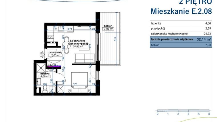 Rzut - Mieszkanie na sprzedaż 1 pokój o powierzchni 32,14 m² - numer E.2.08 w Wzgórze Poetów 2
