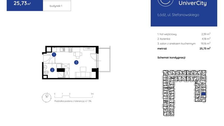 Rzut - Mieszkanie na sprzedaż 1 pokój o powierzchni 25,73 m² - numer 1.C.2.15 w Murapol UniverCity