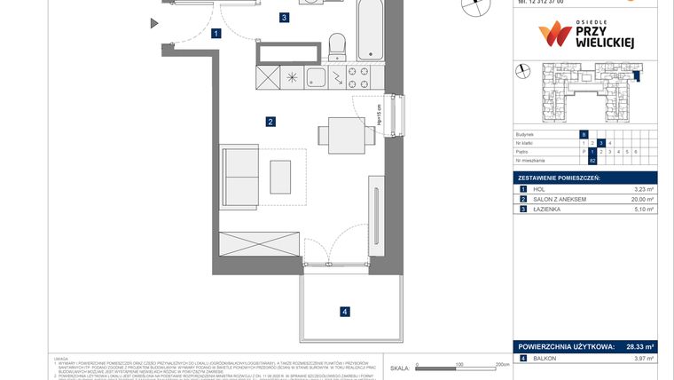 Rzut - Mieszkanie na sprzedaż 1 pokój o powierzchni 28,33 m² - numer B-82 w Osiedle przy Wielickiej etap 1.2