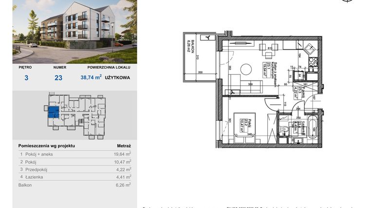 Rzut - Mieszkanie na sprzedaż 2 pokoje o powierzchni 38,74 m² - numer 23 w Balantia