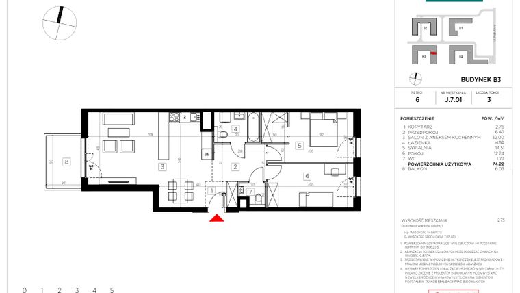 Rzut - Mieszkanie na sprzedaż 3 pokoje o powierzchni 74,22 m² - numer J.7.01 w CityFlow etap II
