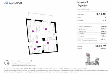 Rzut - Mieszkanie na sprzedaż 1 pokój o powierzchni 53,88 m² - numer 3.C.2.10 w Murapol Agosto