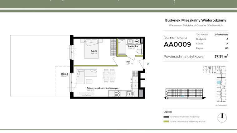 Rzut - Mieszkanie na sprzedaż 2 pokoje o powierzchni 37,91 m² - numer AA0009 w Orneko