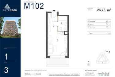 Rzut - Mieszkanie na sprzedaż 1 pokój o powierzchni 26,73 m² - numer M102 w Ultradom
