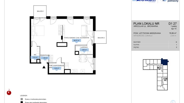 Rzut - Mieszkanie na sprzedaż 1 pokój o powierzchni 76,89 m² - numer D1.27 w Bulwar Północny
