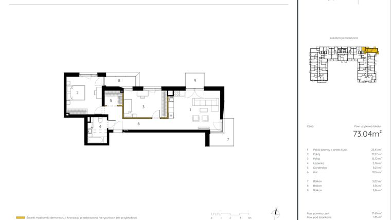 Rzut - Mieszkanie na sprzedaż 3 pokoje o powierzchni 73,04 m² - numer 2.109 w Perła Piotrkowska