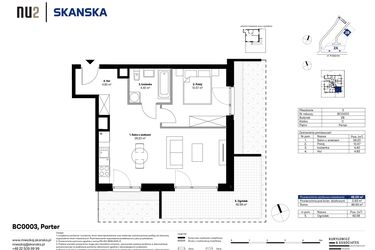 Rzut - Mieszkanie na sprzedaż 2 pokoje o powierzchni 46 m² - numer BC0003 w NU2 Warszawa Wola