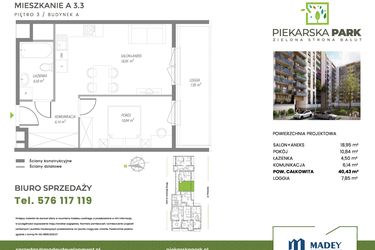 Rzut - Mieszkanie na sprzedaż 2 pokoje o powierzchni 40,43 m² - numer A3.3 w Piekarska Park