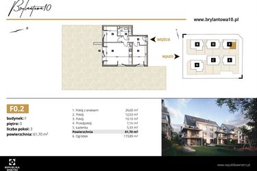 Rzut - Mieszkanie na sprzedaż 3 pokoje o powierzchni 61,7 m² - numer F0.2 w Brylantowa 10