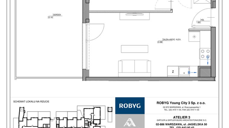 Rzut - Mieszkanie na sprzedaż 2 pokoje o powierzchni 39,46 m² - numer MC/J/B/0/5 w Modern City etap J