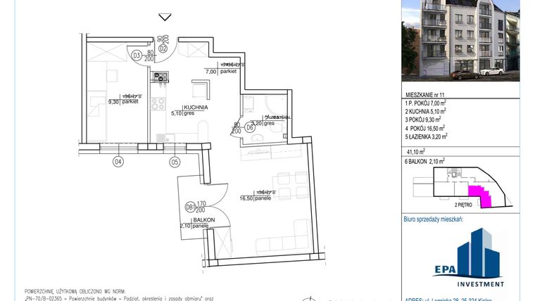 Rzut - Mieszkanie na sprzedaż 2 pokoje o powierzchni 41,1 m² - numer 11 w Kamienica przy ul. Starodomaszowskiej