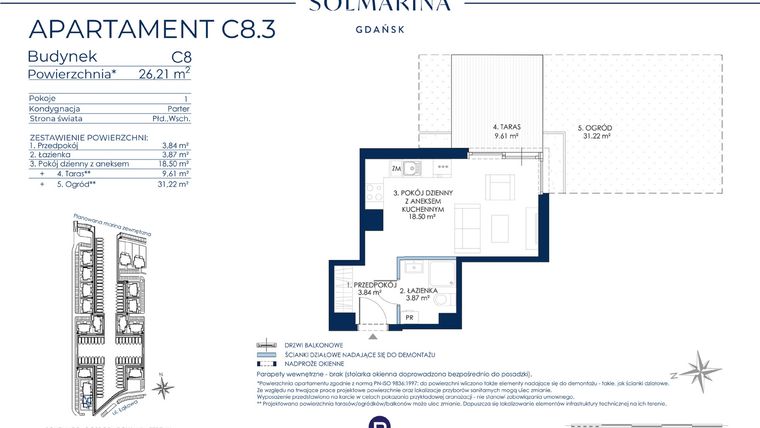 Rzut - Mieszkanie na sprzedaż 1 pokój o powierzchni 26,21 m² - numer C8.3 w Sol Marina etap III