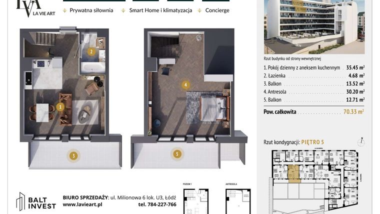 Rzut - Mieszkanie na sprzedaż 2 pokoje o powierzchni 70,33 m² - numer M5.5 w La Vie Art