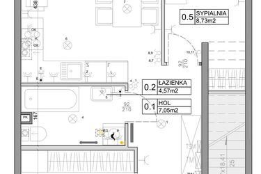 Rzut - Mieszkanie na sprzedaż 3 pokoje o powierzchni 48,03 m² - numer 89 w Manufaktura Marki 2 etap IV