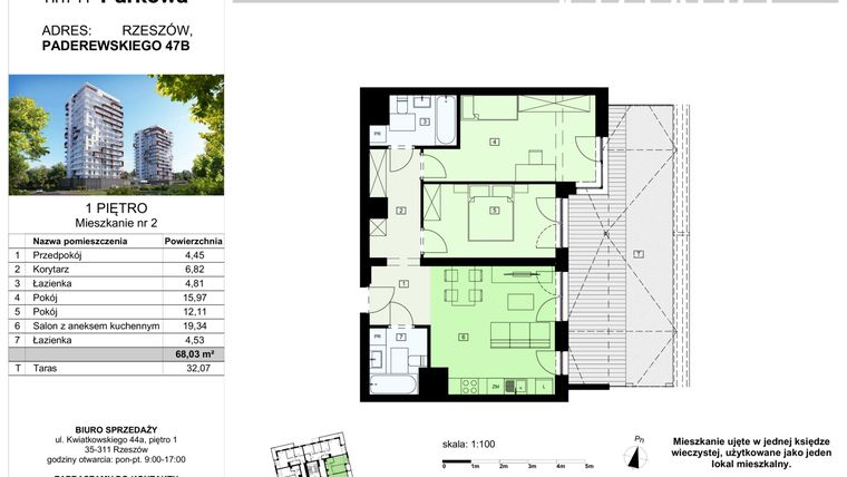 Rzut - Mieszkanie na sprzedaż 3 pokoje o powierzchni 67,86 m² - numer 2/B7 w Dzielnica Parkowa VII