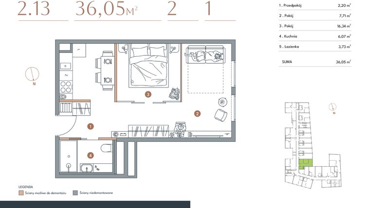 Rzut - Mieszkanie na sprzedaż 1 pokój o powierzchni 36,05 m² - numer 2.13 w Starowiejska 3