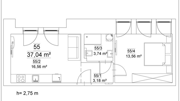 Rzut - Mieszkanie na sprzedaż 2 pokoje o powierzchni 37,04 m² - numer 55 w Osiedle Teatralne 19 - apartamenty inwestycyjne