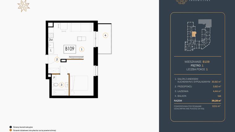 Rzut - Mieszkanie na sprzedaż 1 pokój o powierzchni 39,28 m² - numer B.109 w Rezydencja Śródmiejska