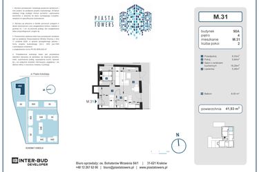 Rzut - Mieszkanie na sprzedaż 2 pokoje o powierzchni 41,93 m² - numer 31 w Piasta Towers bud. 90A