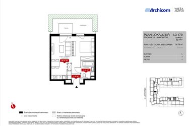 Rzut - Mieszkanie na sprzedaż 1 pokój o powierzchni 38,76 m² - numer L3.179 w Wieża Jeżyce etap VI
