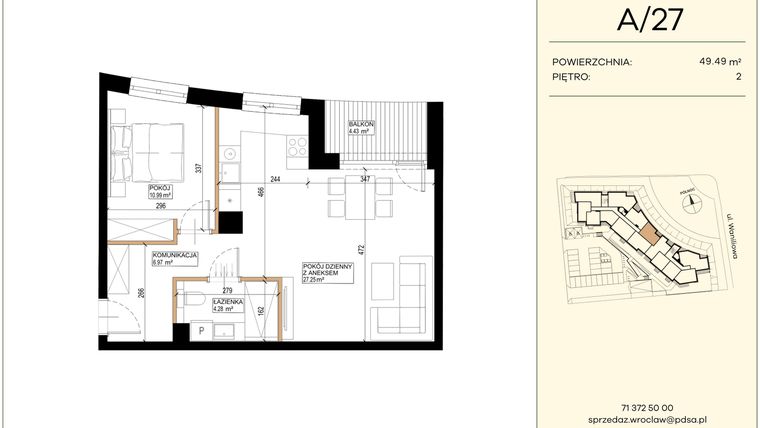 Rzut - Mieszkanie na sprzedaż 2 pokoje o powierzchni 49,49 m² - numer WA2/A/27 w Waniliowa