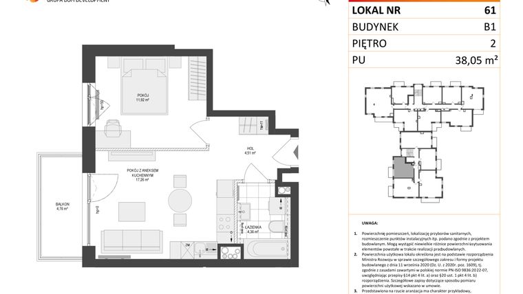 Rzut - Mieszkanie na sprzedaż 2 pokoje o powierzchni 38,05 m² - numer 61 w Locus 2