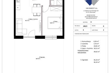 Rzut - Mieszkanie na sprzedaż 2 pokoje o powierzchni 39,62 m² - numer 10D/2 w Jasielska 8C etap II