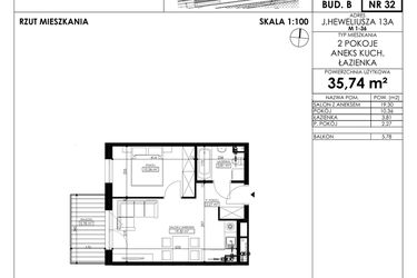 Rzut - Mieszkanie na sprzedaż 2 pokoje o powierzchni 35,74 m² - numer JAR-II-B-LM-M32 w Osiedle JAR Heweliusza etap II
