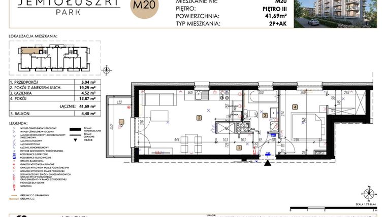 Rzut - Mieszkanie na sprzedaż 2 pokoje o powierzchni 41,69 m² - numer A2_M20 w Jemiołuszki Park etap 2