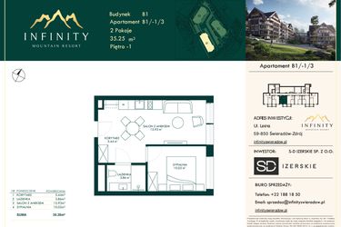 Rzut - Mieszkanie na sprzedaż 2 pokoje o powierzchni 35,25 m² - numer B1/-1/3 w Infinity Mountain Resort etap 2