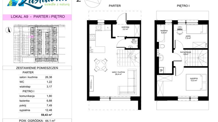 Rzut - Mieszkanie na sprzedaż 3 pokoje o powierzchni 59,43 m² - numer A.9 w Zastawna OdNova