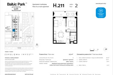 Rzut - Mieszkanie na sprzedaż 2 pokoje o powierzchni 37,3 m² - numer H.211 w Baltic Park Loft