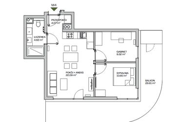 Rzut - Mieszkanie na sprzedaż 3 pokoje o powierzchni 50,7 m² - numer M4 w Zielona Marina - Apartamenty inwestycyjne