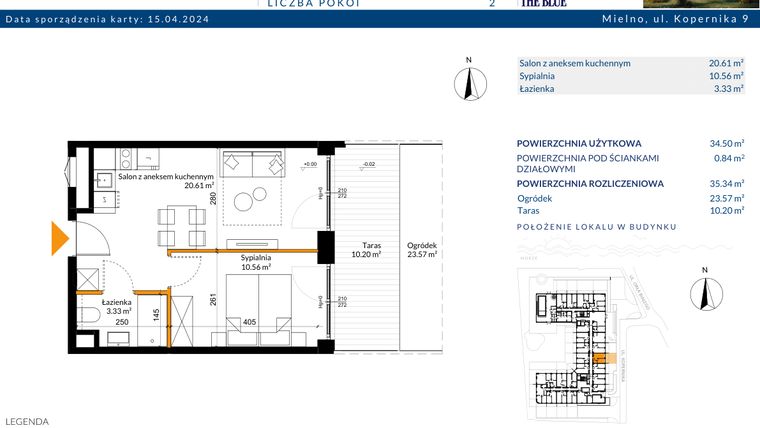 Rzut - Mieszkanie na sprzedaż 2 pokoje o powierzchni 35,34 m² - numer 0.16 w The Blue