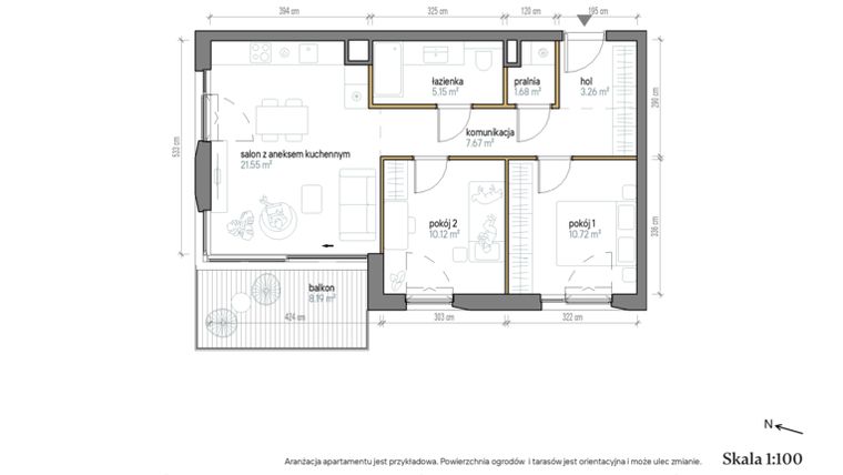 Rzut - Mieszkanie na sprzedaż 3 pokoje o powierzchni 60,15 m² - numer B/2/1 w Kopernika 71