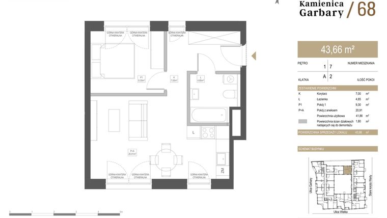 Rzut - Mieszkanie na sprzedaż 2 pokoje o powierzchni 43,66 m² - numer 7 w Garbary 68