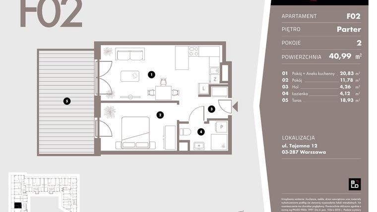 Rzut - Mieszkanie na sprzedaż 2 pokoje o powierzchni 40,99 m² - numer F02 w Livo