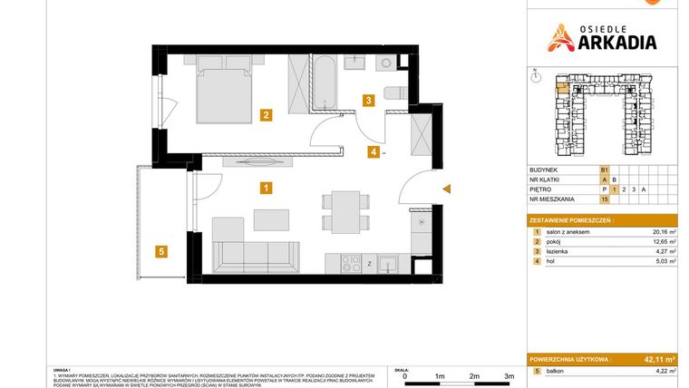 Rzut - Mieszkanie na sprzedaż 2 pokoje o powierzchni 42,11 m² - numer B1.15 w Osiedle Arkadia etap 2