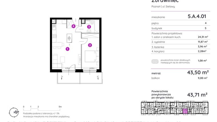 Rzut - Mieszkanie na sprzedaż 2 pokoje o powierzchni 43,71 m² - numer 5.A.4.01 w Murapol Zielony Żurawiniec