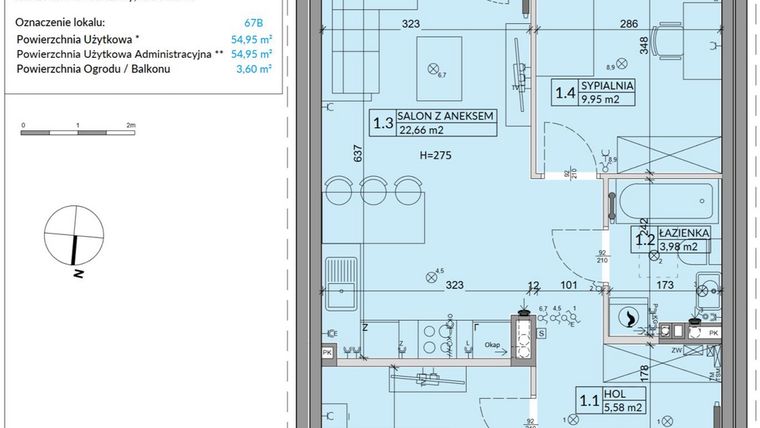 Rzut - Mieszkanie na sprzedaż 3 pokoje o powierzchni 54,95 m² - numer 67B w Osiedle Młodych etap X