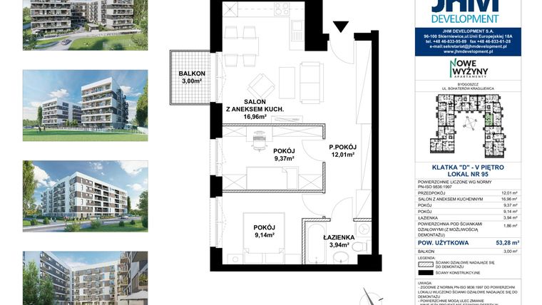 Rzut - Mieszkanie na sprzedaż 3 pokoje o powierzchni 59,37 m² - numer D95 w Nowe Wyżyny Apartamenty