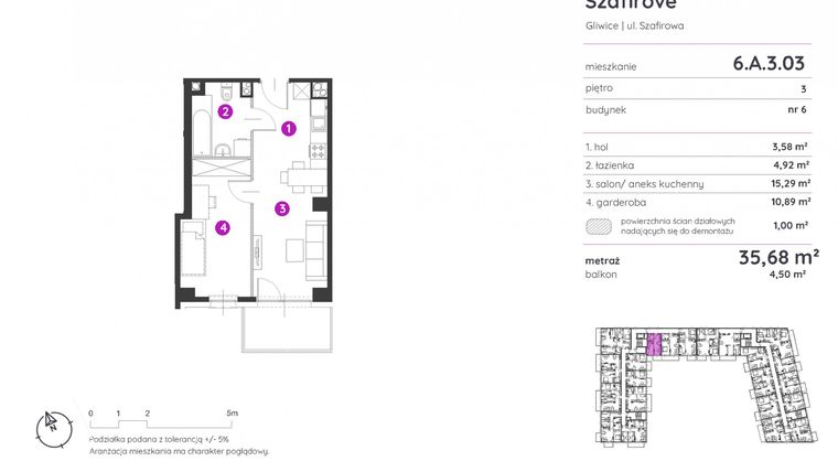 Rzut - Mieszkanie na sprzedaż 1 pokój o powierzchni 35,68 m² - numer 6.A.3.03 w Murapol Osiedle Szafirove